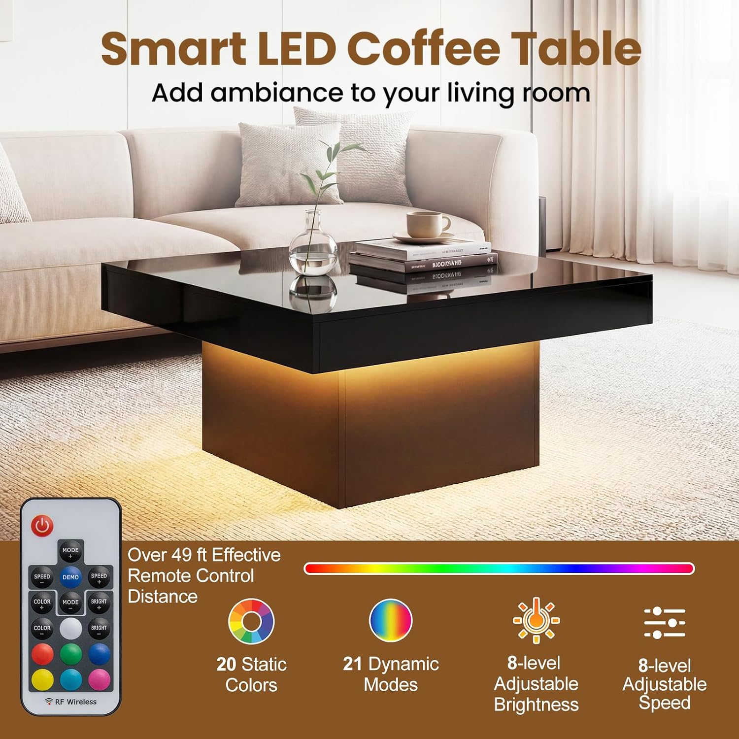 GOFLAME LED Coffee Table for Living Room, 35.5' Square Center Table with Storage, Adjustable Light Colors, Speed & Brightness, Remote Control, Modern High Glossy, Wooden Accent Tea Tables (Black)