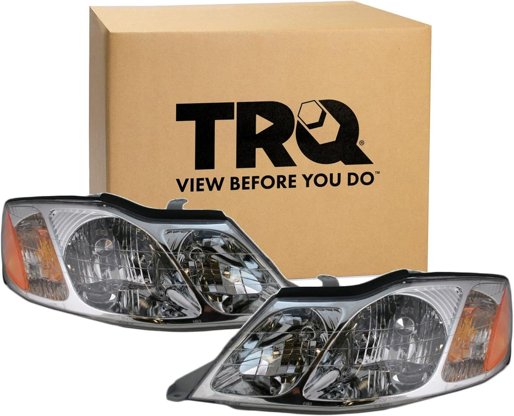 TRQ Driver and Passenger Side Headlight Assembly Set Chrome Housing Compatible with 2000–2004 Toyota Avalon