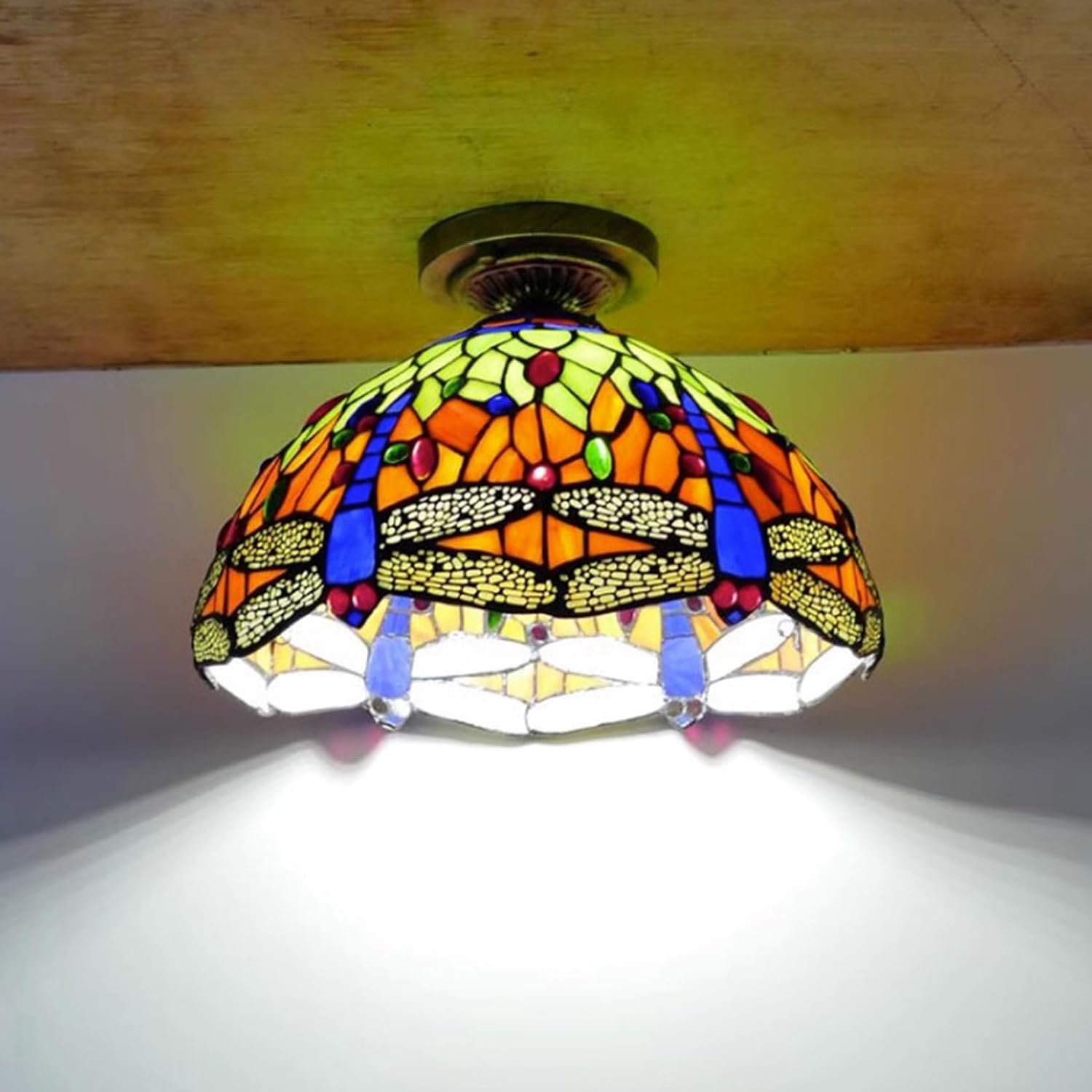 12 Inch Dragonfly Stained Glass Lamp Shade, Tiffany Style Lampshades Replacement, Handmade Vintage Lamp Cover Accessories Only for Table lamp Pendant Light Ceiling Fixture,Green
