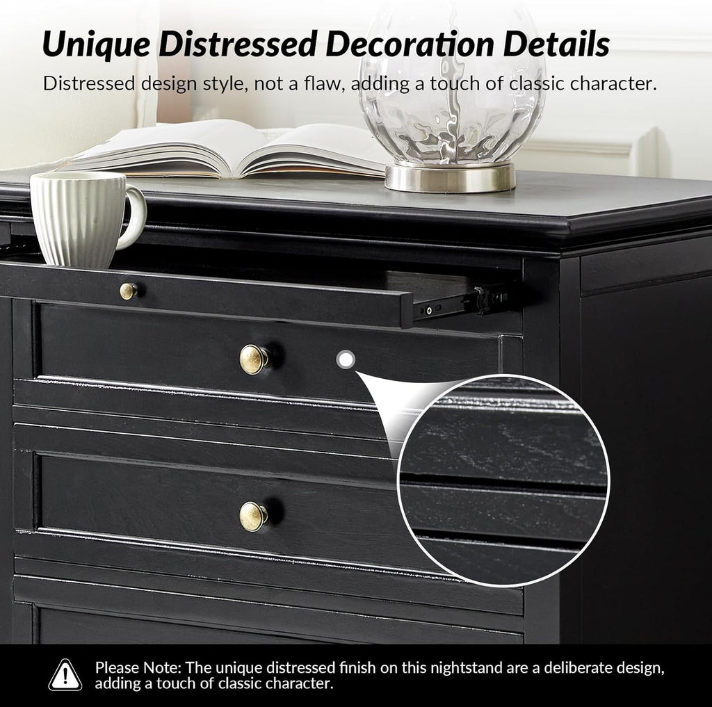 HULALA HOME Farmhouse 3 Drawer End Table with Tray, Drawer Organizer with Solid Wood Legs, End Table with Charging Station（Black, Set of 2）
