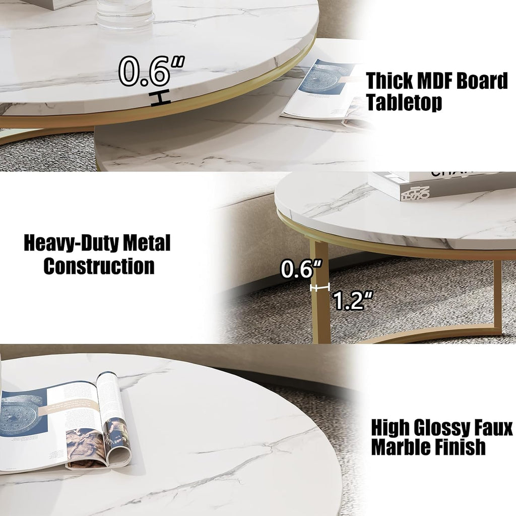 WiberWi Round Coffee Table Nesting Tables Set of 2, Large : Ø 34.0', Small : Ø 26.0', Modern Design Coffee Tables for Living Room, Gold Metal Frame Circle Cocktail Table, High Glossy Faux White Marble