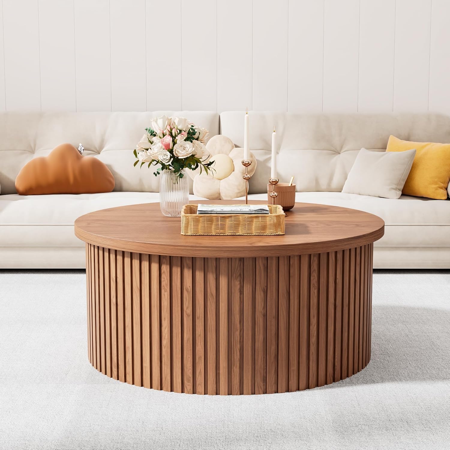 Fsbecl Fluted Lift Top Coffee Table with Storage, 34.6'' Round Coffee Tables for Living Room, Circle Wood Center Table with Hidden Conpartment (Walnut)