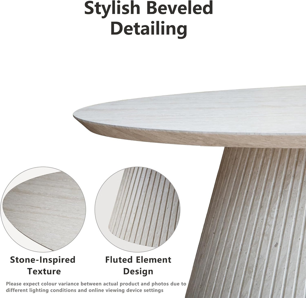 win2win Oval Coffee Table, Modern Faux Stone Coffee Table with Fluted Design, Travertine Center Table with Tapered Base, Minimalist Tea Table for Living Room, Bedroom, Office, Stone