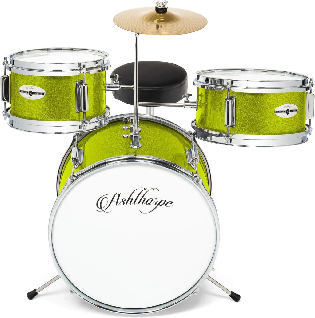 Ashthorpe 3-Piece Complete Drum Set - Beginner Kit with 14' Bass, Adjustable Throne, Cymbal, Pedal & Drumsticks - Green