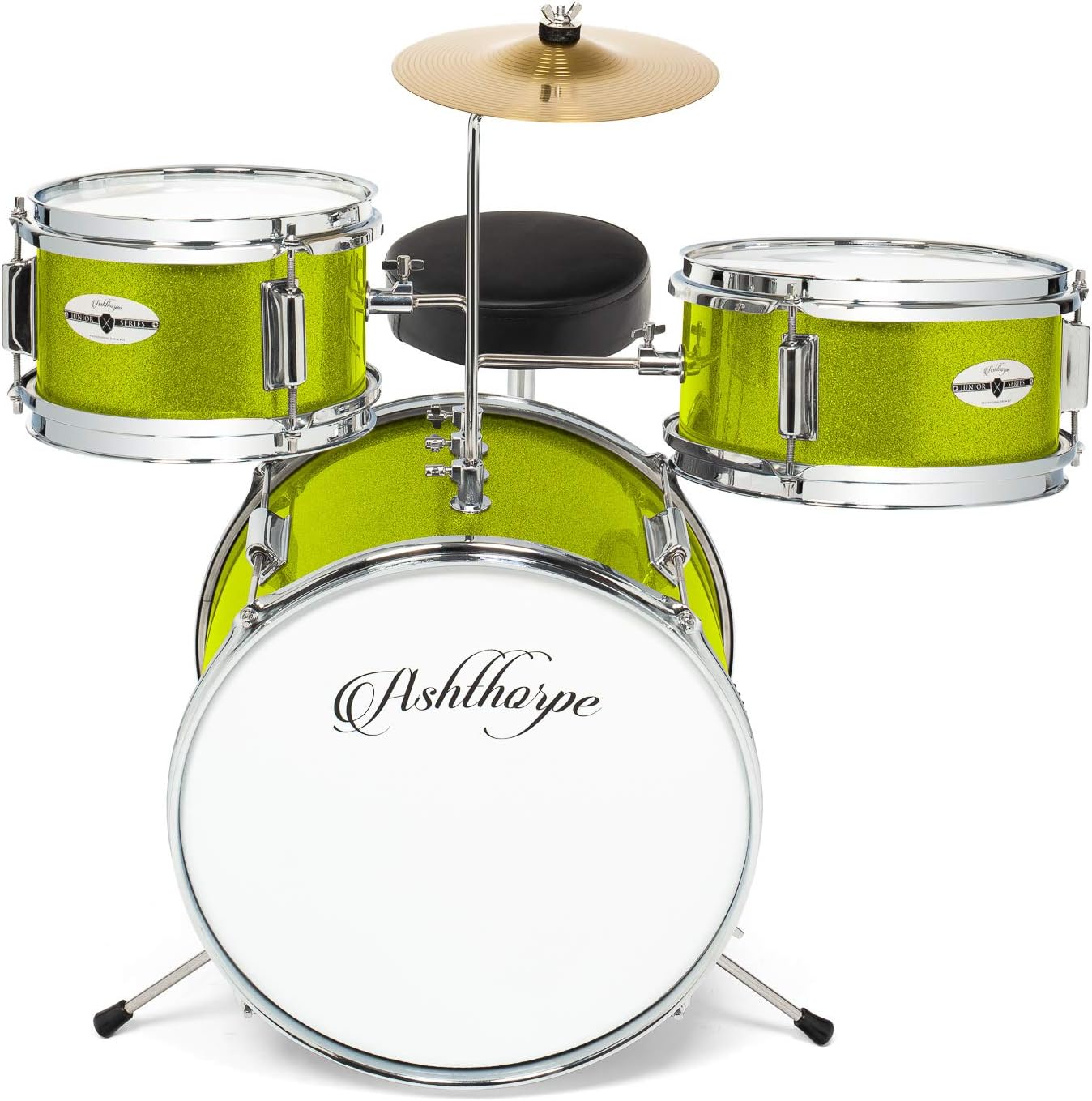 Ashthorpe 3-Piece Complete Drum Set - Beginner Kit with 14' Bass, Adjustable Throne, Cymbal, Pedal & Drumsticks - Green