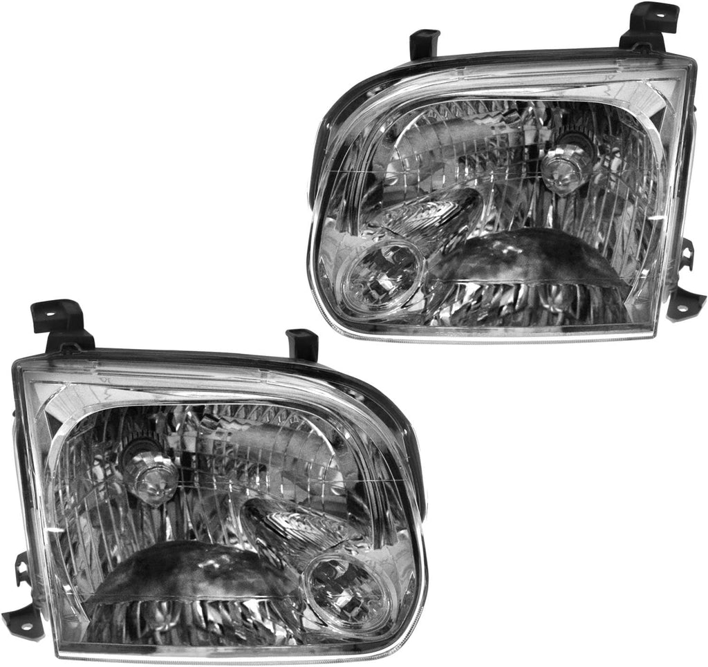 TRQ 2 Piece Headlight Assembly Set Chrome Bezel Driver & Passenger Side Compatible with Toyota Sequoia 2005-2007 Tundra 2005-2006 TO2502158 TO2503158 811100C031 811500C031