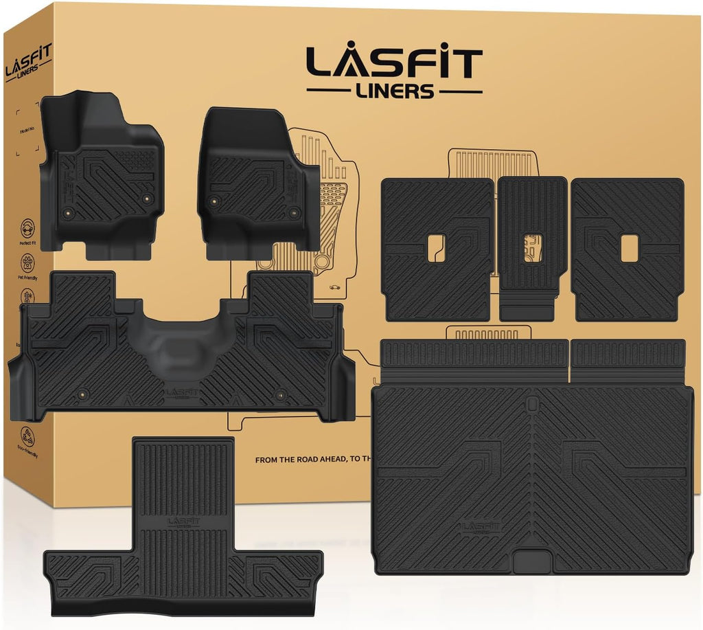 LASFIT Floor Mat&Cargo with Backrest Mat for 7 Seats 2025 2026 Ford Expedition Max(Not for Standard),TPE Easy Clean All Weather TPE Custom Fit for SUV Car Liners, 1st&2nd&3rd&Cargo Liner, Black 5pcs