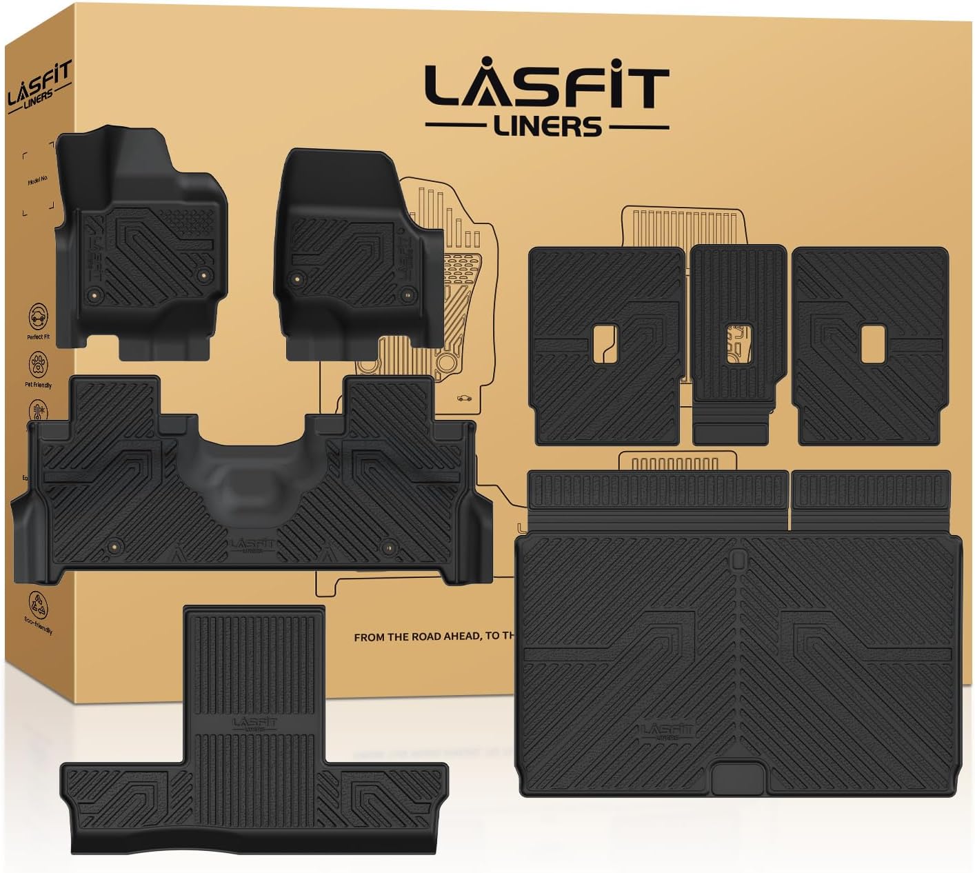 LASFIT Floor Mat&Cargo with Backrest Mat for 7 Seats 2025 2026 Ford Expedition Max(Not for Standard),TPE Easy Clean All Weather TPE Custom Fit for SUV Car Liners, 1st&2nd&3rd&Cargo Liner, Black 5pcs