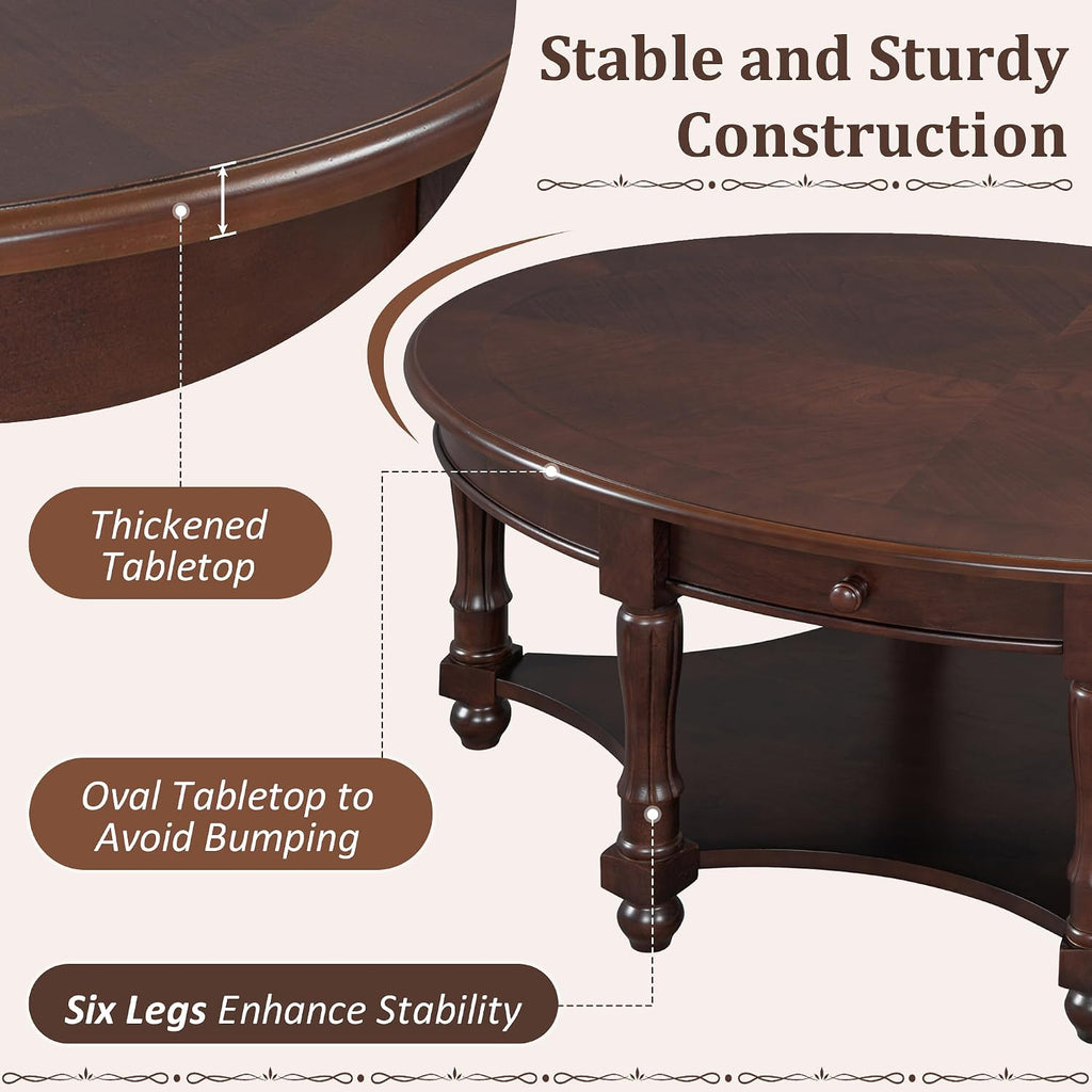 Merax 45' Vintage Oval Rubber Wood Coffee Table with Drawer and Storage Shelf, Antique Cocktail Tables, French Country Accent for Living Room, Walnut