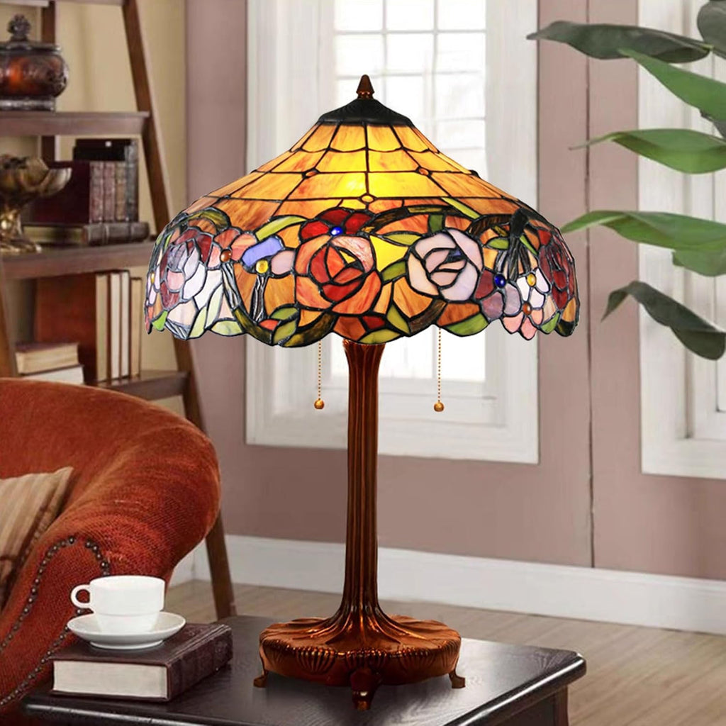 Rose Table Lamp Shade Replacement Only 16X9 Inch Tiffany Style Stained Glass Cream Amber Lampshades, Vintage Pastoral Romance Light Cover for Desk Light Floor Lamp Pendant Ceiling Lamp,A1
