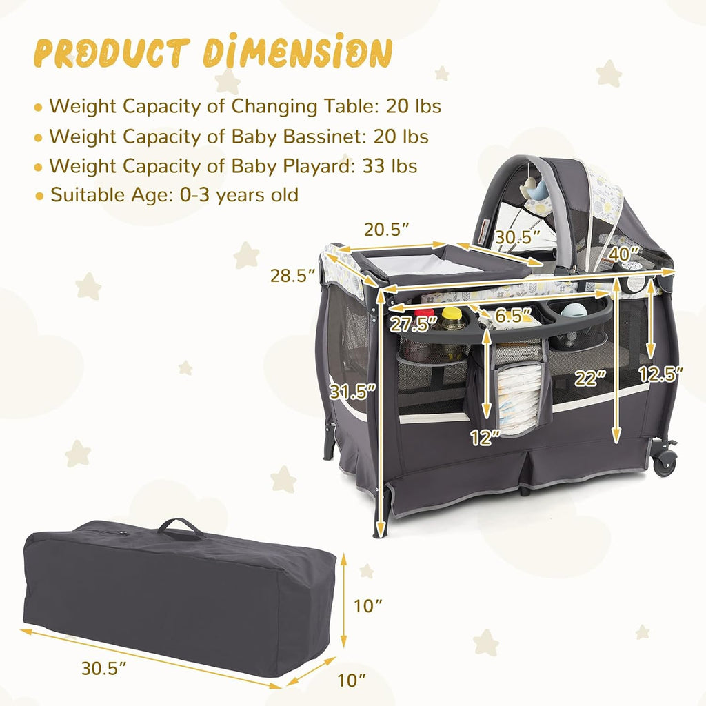 HONEY JOY Pack and Play, 4 in 1 Portable Baby Crib Playpen w/Bassinet, Changing Table, Canopy, Mattress, Music Box, Storage Bag, Foldable Pack and Play for Infant Boys Girls