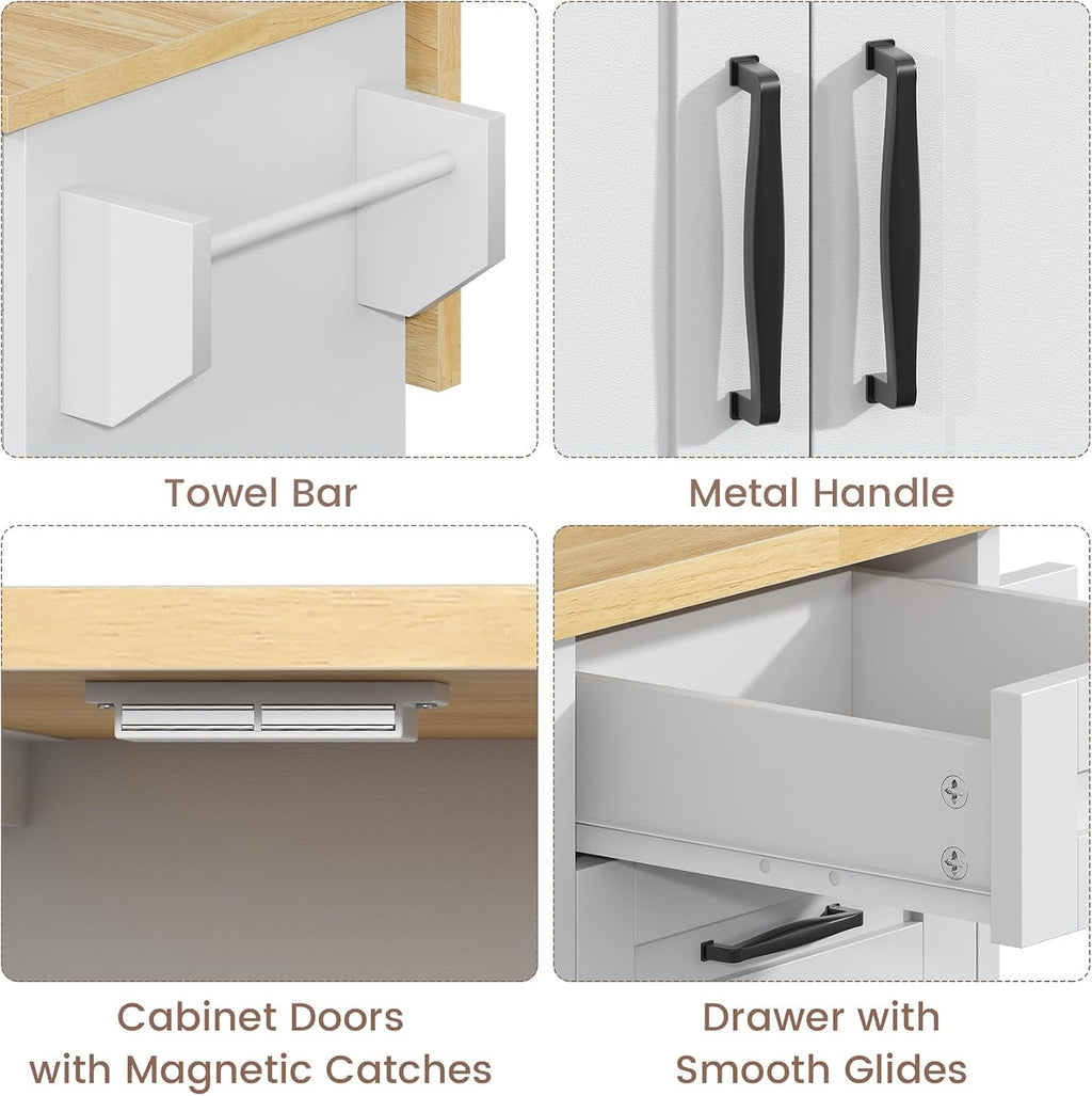 VVFLU Rolling Kitchen Island On Wheels, Kitchen Island Cart with Drop Leaf Countertop, Barn Door Island Table with Storage Cabinet and 2 Drawer, 5 Wheels, Towel Rack and Spice Rack, White