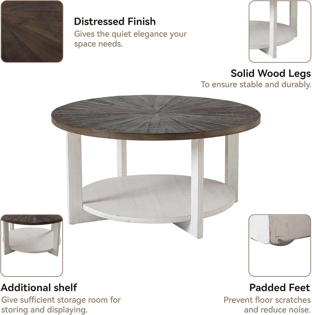 Round Wood Coffee Tables with Storage, Rustic Farmhouse Coffee Table with Distressed Wood Top, Large Circle Table for Living Room, Brown, 32Dx32Wx19.5H in