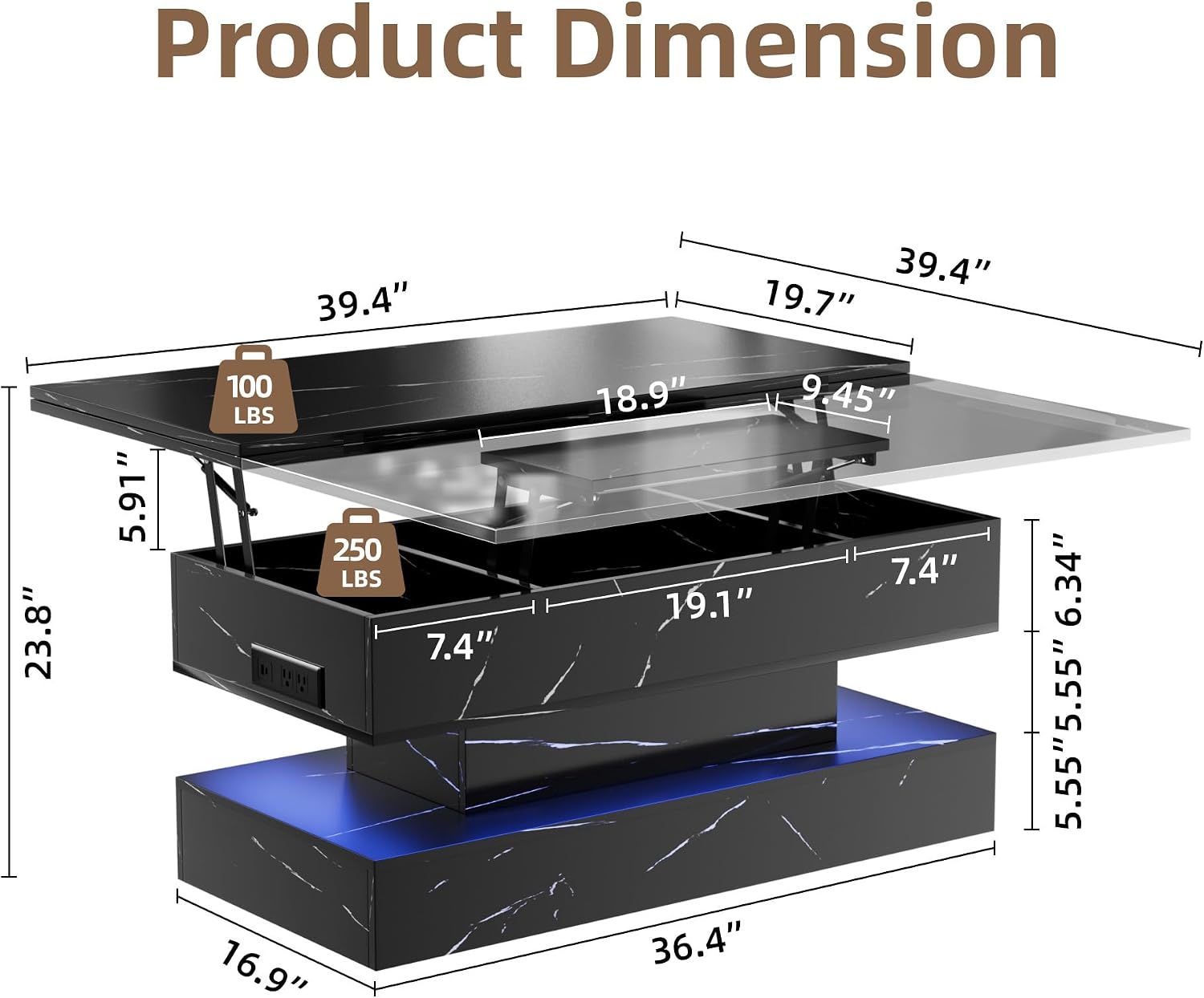 40' Lift Top Coffee Table, 4‑in‑1 Multi-Function Convertible Workstation Table with Storage & Charging Station, Modern Faux Marble Design for Living Room & Small Spaces, Black