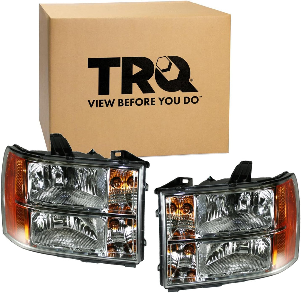 TRQ 2 Piece Headlight Assembly Set Chrome Bezel Driver & Passenger Side Compatible with GMC Sierra 1500 2007-2013 Sierra 2500 HD 2007-2014 Sierra 3500 HD 2007-2014 GM2502283 GM2503283