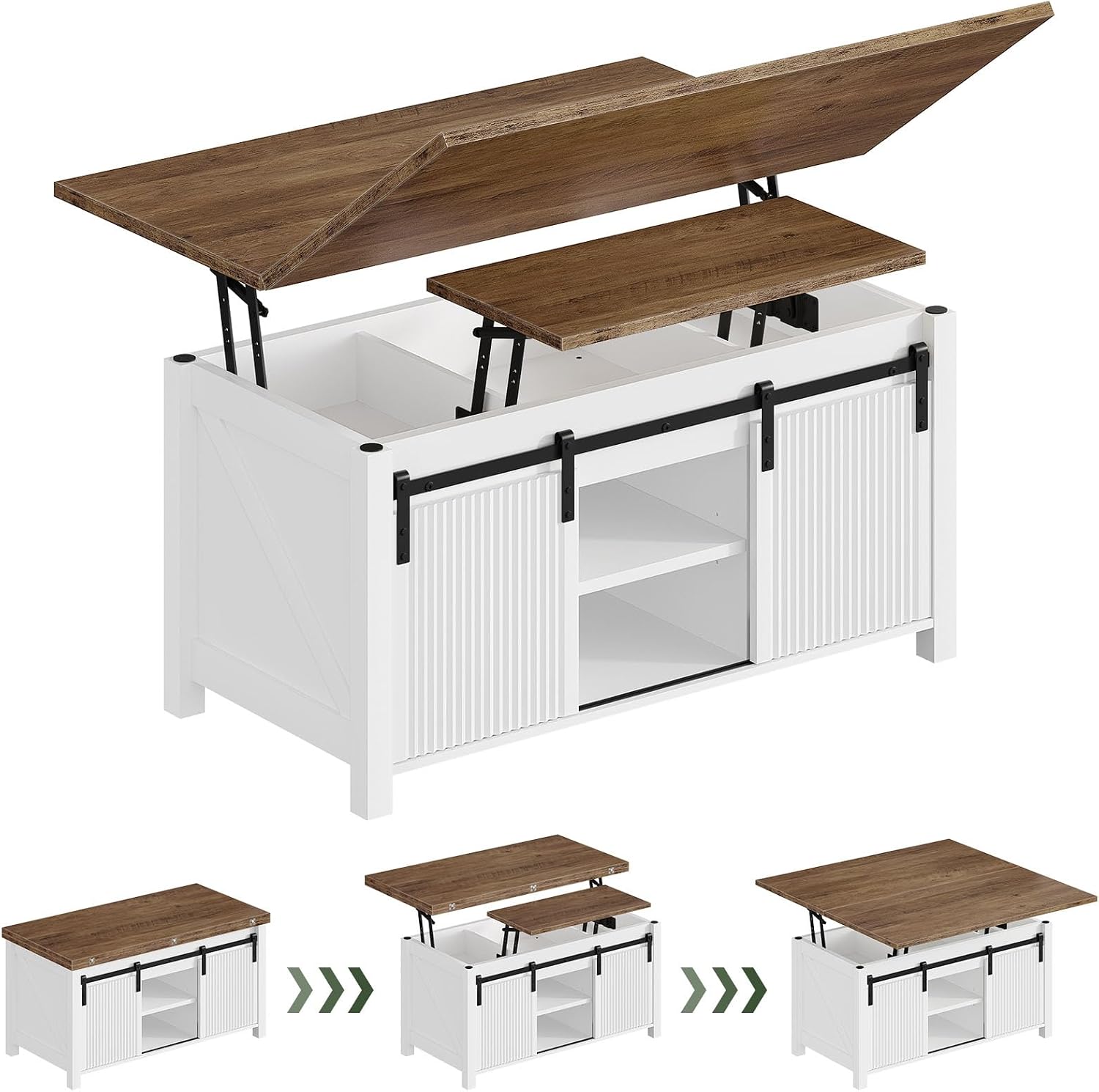 CHOEZON Lift Top Coffee Table, 4 in 1 Convertible Coffee Table, Farmhouse Coffee Tables, with Hidden Compartments, with Sliding Doors, for Living Room, Apartment, White and Walnut MKF01WL