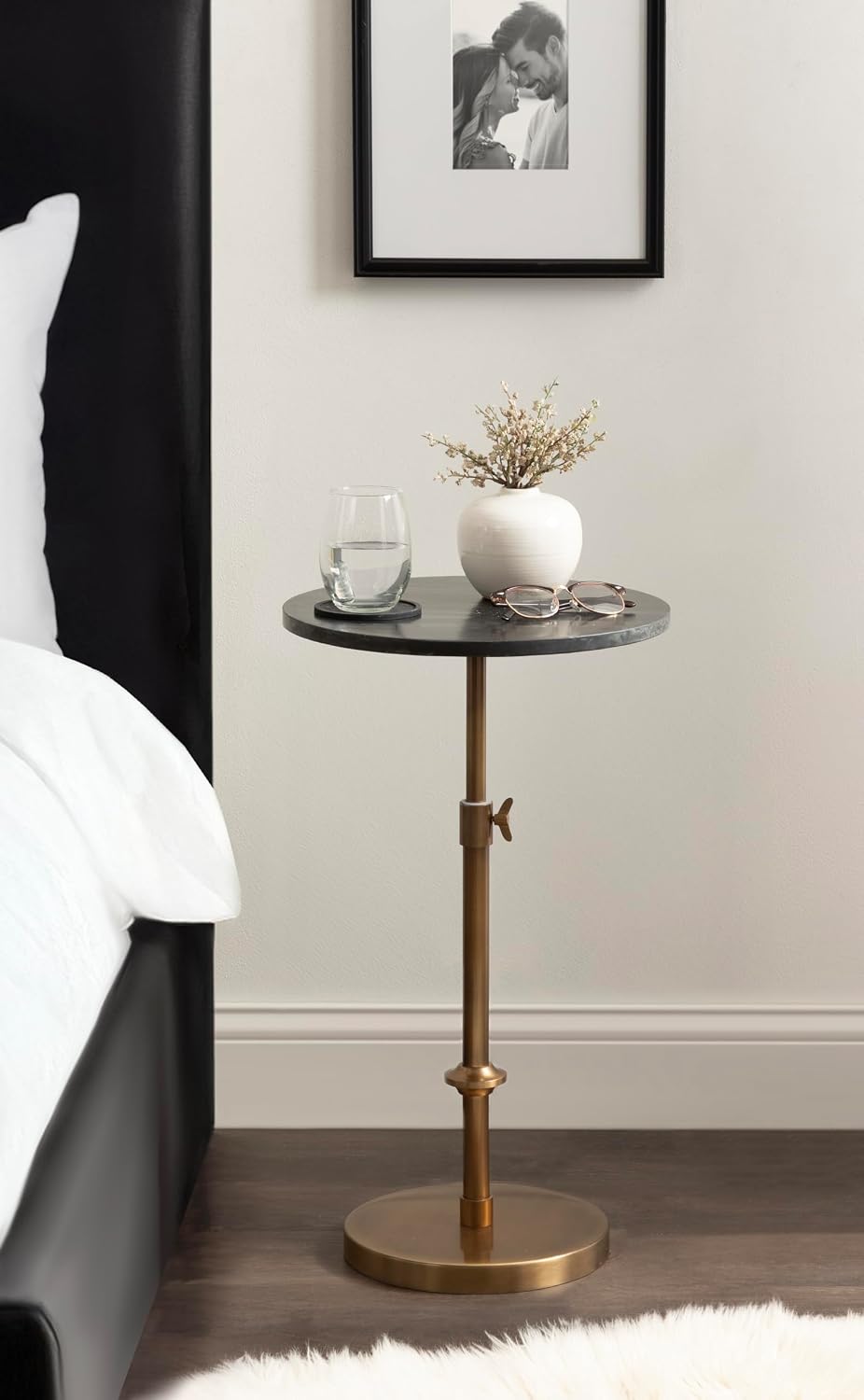 Kate and Laurel Engles Traditional Adjustable-Height Pedestal Side Table, 14 x 14 x 30, Black Marble and Antique Brass, Vintage Round End Table for Use as Indoor Plant Stand with Authentic Marble Top