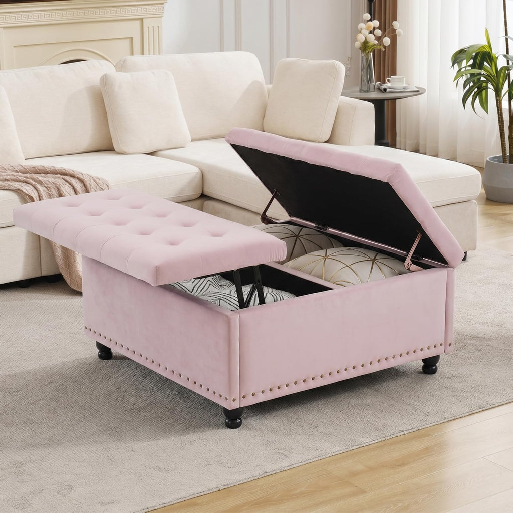 Tbfit Large Square Storage Ottoman Bench, Tufted Upholstered Coffee Table Ottoman with Lift Top & Wooden Legs, Oversized Storage Ottomans Toy Box for Living Room (Pink)