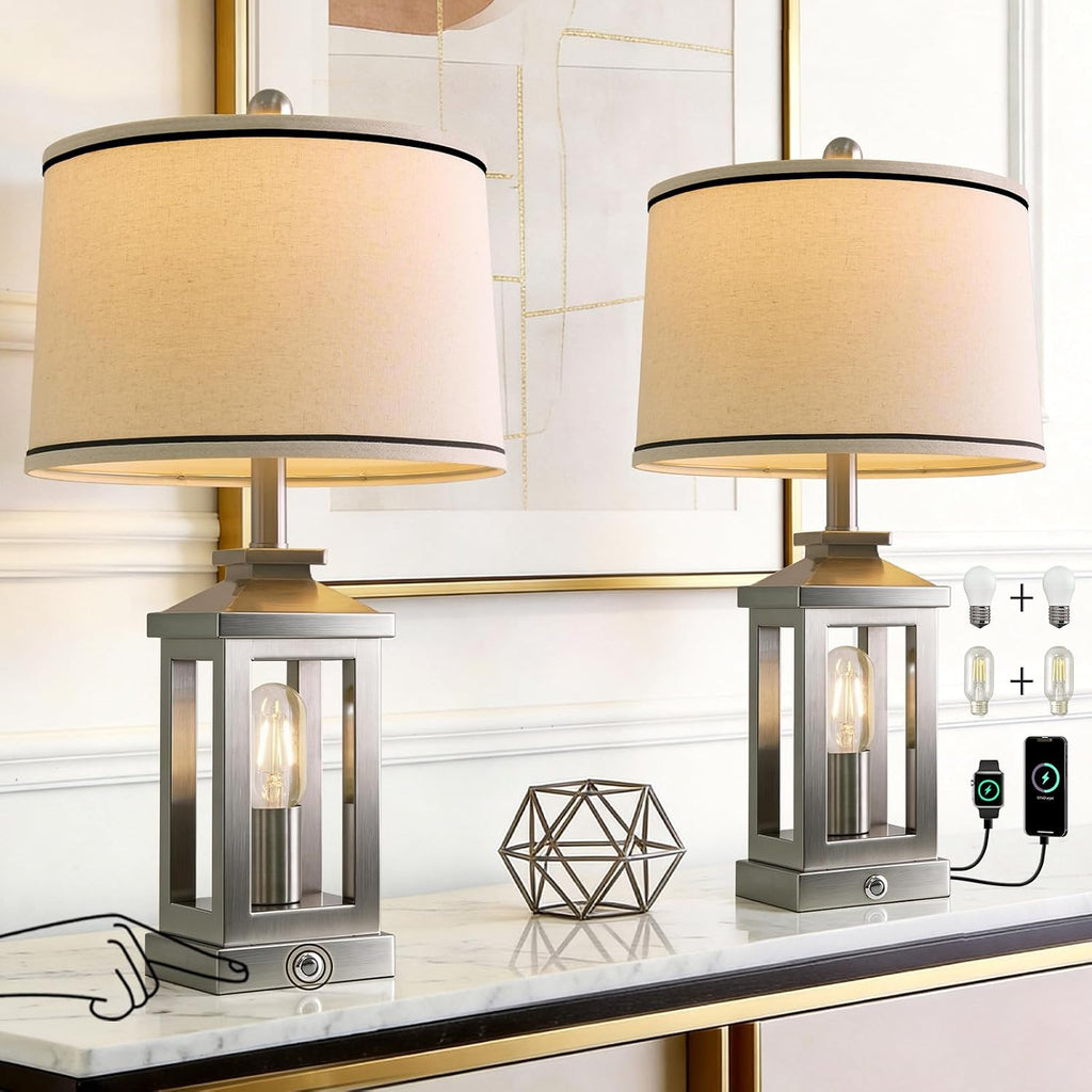 G-SAFAVA 24' Table Lamps for Living Room Bedroom Modern Metal Bedside Lamps Set of 2 Nightstand Lamp for Night Stands 3 Way Dimmable Touch Lamp with USB C+A Ports and 2 Light Sources, 4 Bulbs Includes