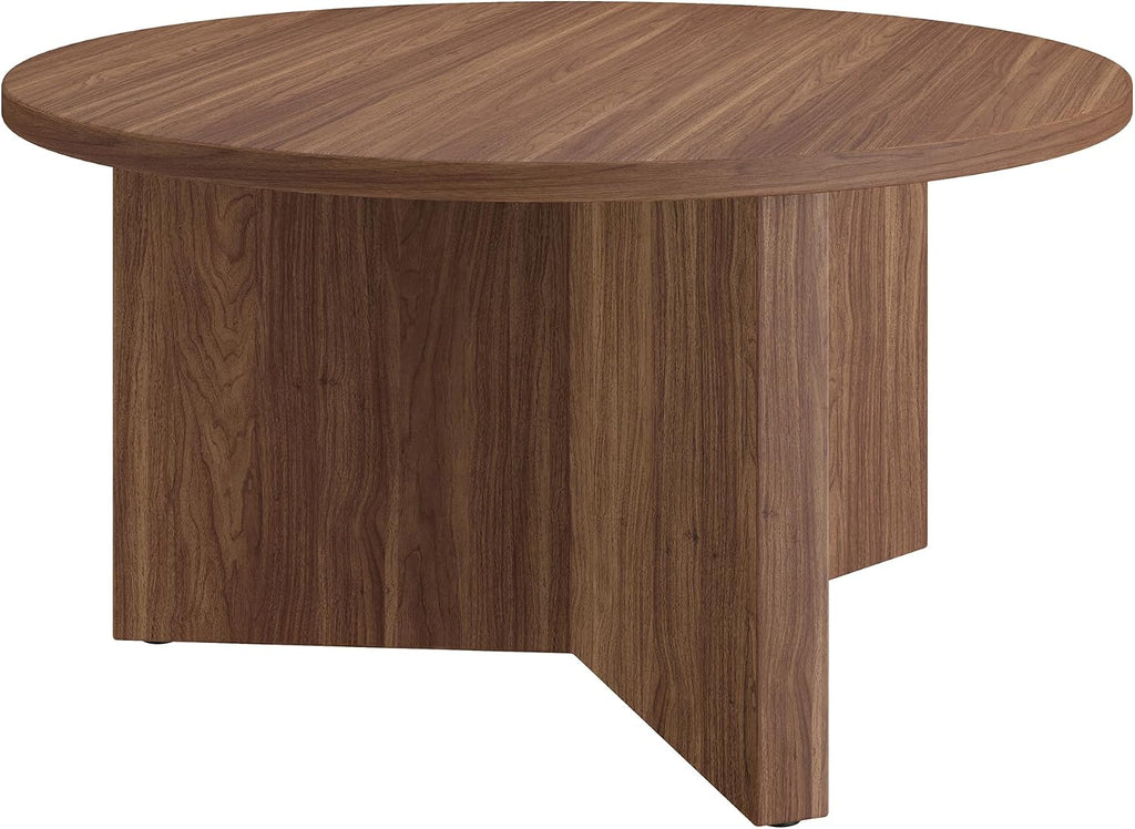 Henn&Hart 32' Round Wood Pedestal Coffee Table for Living Room, Family Room, Office, or Apartment, Medium Walnut