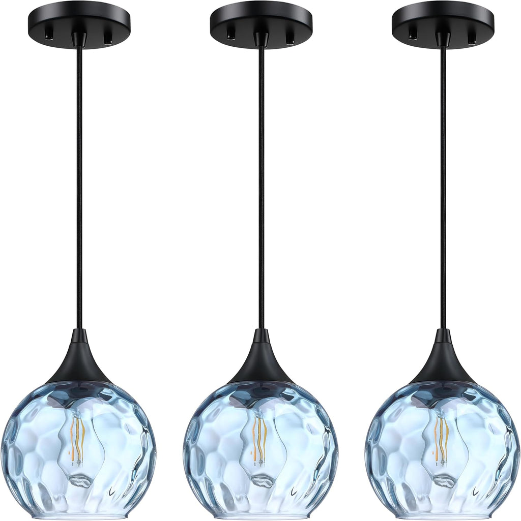 6.3' Texture Blue Glass Pendant Light 3 Pack Pendant Ceiling Light Fixture Black Finish Modern Farmhouse Dinning Over Sink Adjustable Height Cord