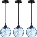 6.3' Texture Blue Glass Pendant Light 3 Pack Pendant Ceiling Light Fixture Black Finish Modern Farmhouse Dinning Over Sink Adjustable Height Cord