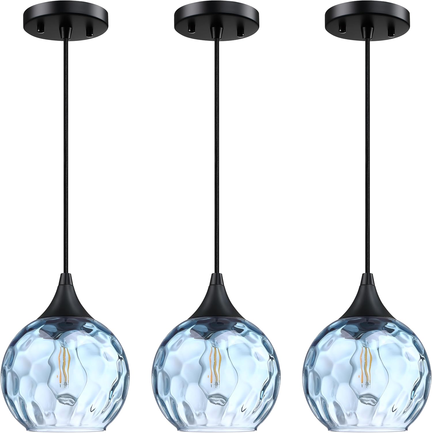 6.3' Texture Blue Glass Pendant Light 3 Pack Pendant Ceiling Light Fixture Black Finish Modern Farmhouse Dinning Over Sink Adjustable Height Cord