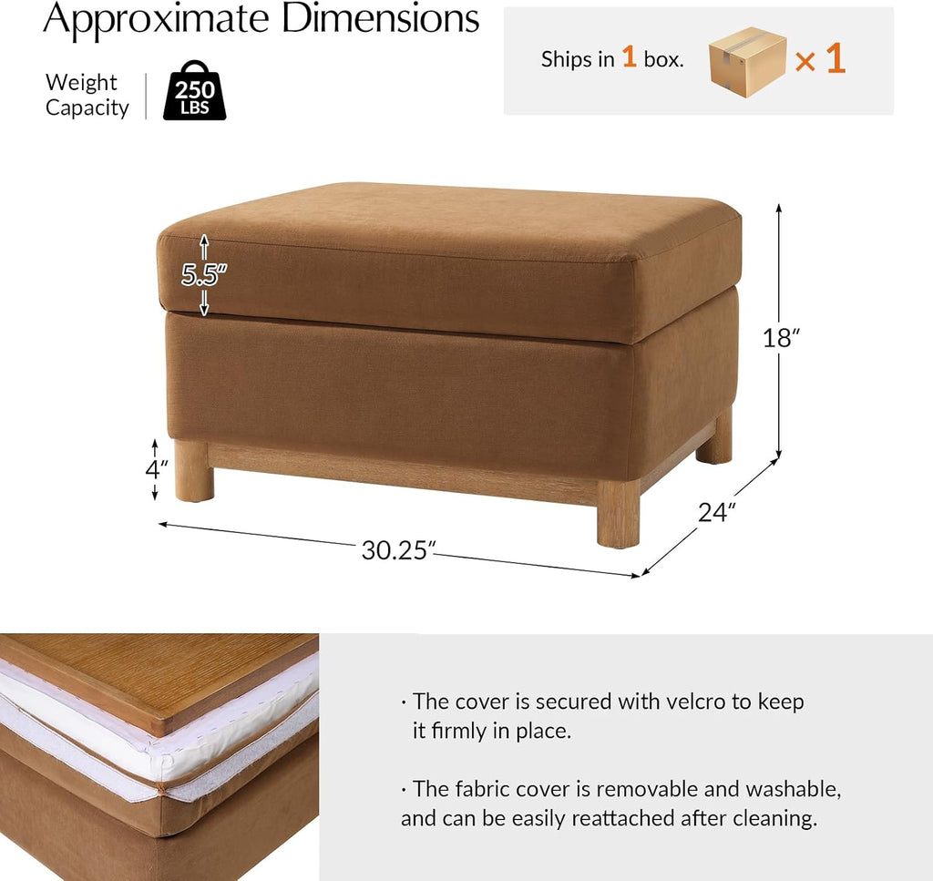 HULALA HOME 30.25' Ottoman Coffee Table with Reversible Tray Lid, Modern Upholstered Storage Ottoman with Solid Wood Base, Removable Top, Footrest and Extra Seating for Bedroom or Living Room, CARAMEL