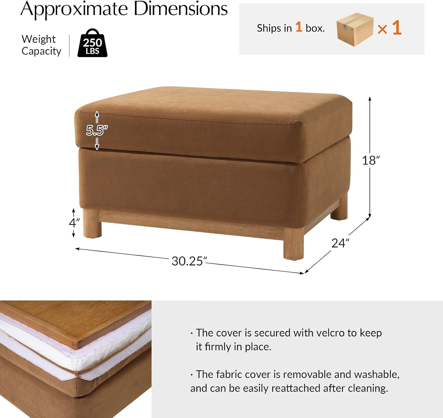 HULALA HOME 30.25' Ottoman Coffee Table with Reversible Tray Lid, Modern Upholstered Storage Ottoman with Solid Wood Base, Removable Top, Footrest and Extra Seating for Bedroom or Living Room, CARAMEL