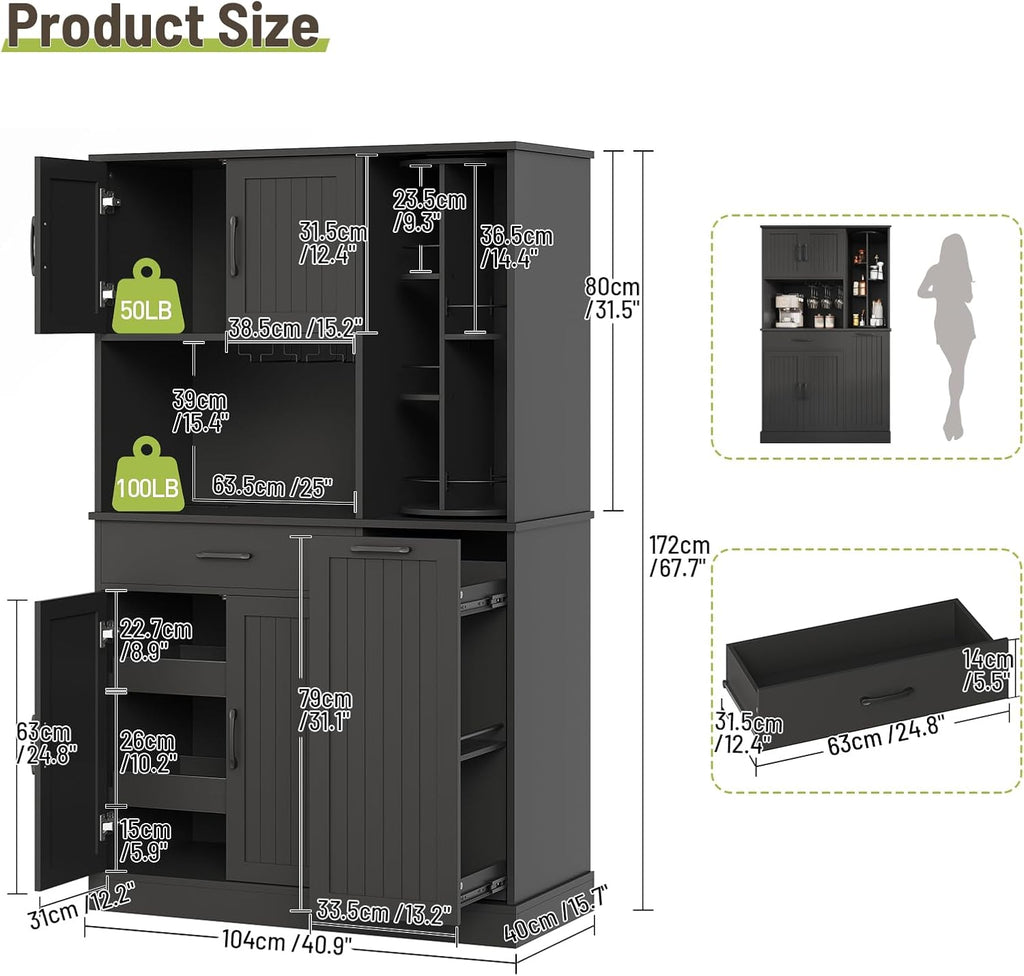Pantry Cabinet, 67.7' Tall Kitchen Pantry Storage Cabinet with 360° Rotating Shelf & 2 Pull-Out Racks, Freestanding Kitchen Hutch with Charging Station & Drawer, for Dining Room, Black