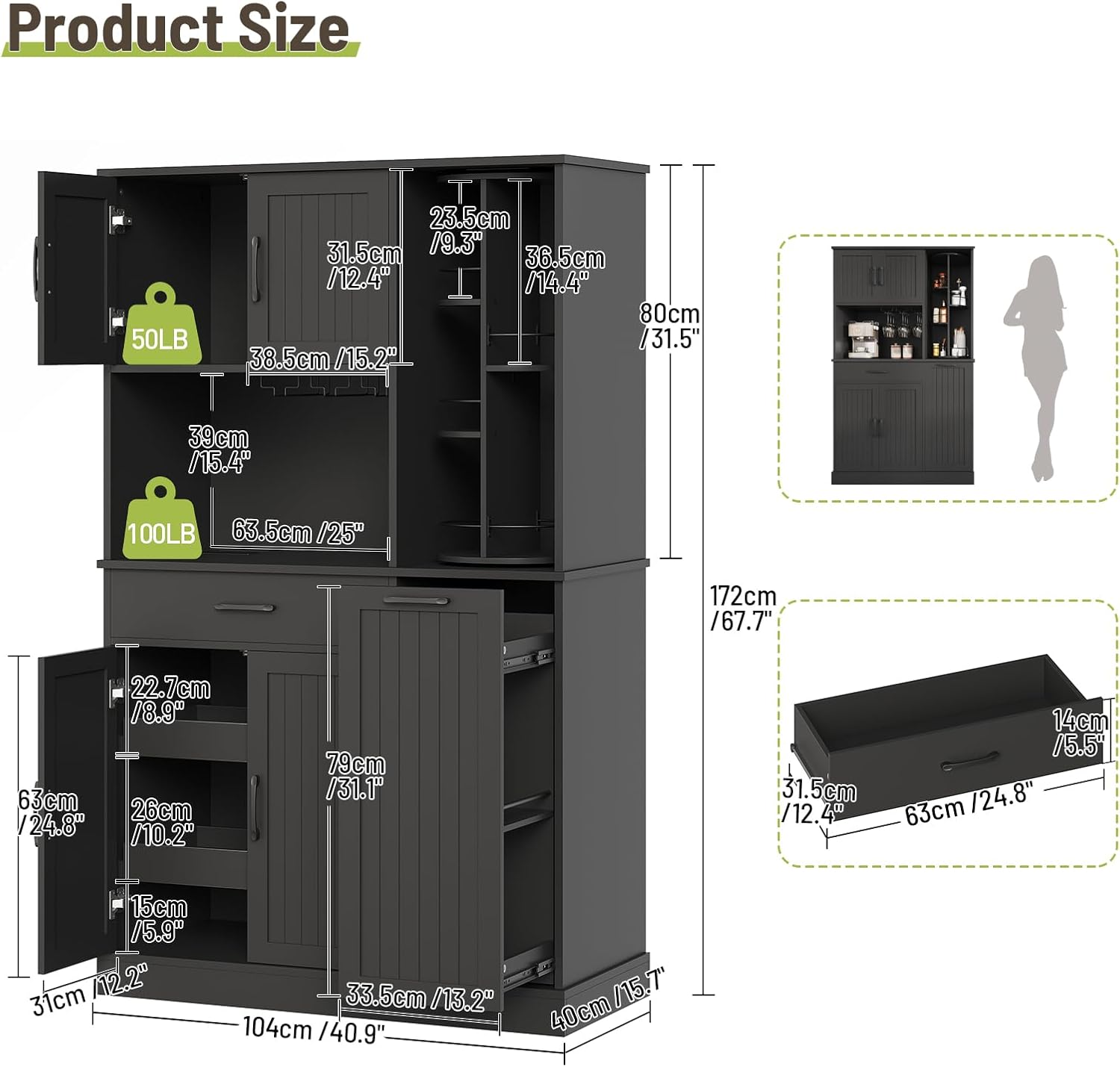 Pantry Cabinet, 67.7' Tall Kitchen Pantry Storage Cabinet with 360° Rotating Shelf & 2 Pull-Out Racks, Freestanding Kitchen Hutch with Charging Station & Drawer, for Dining Room, Black