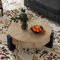 33'' Round Coffee Table with Hidden Storage, Modern Wood Veneer Top, 3 Block Legs Sturdy Center Accent Table for Living Room, Small Space, Natural Wood & Black