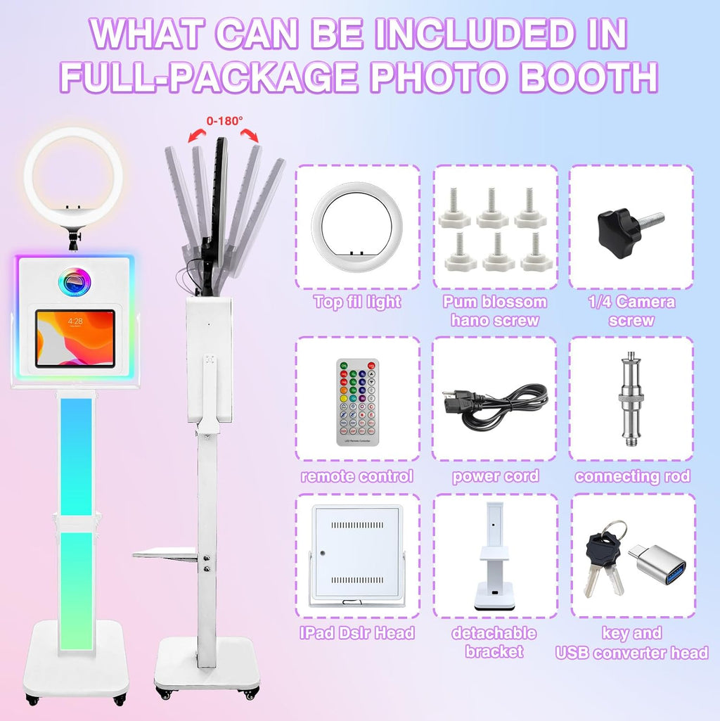 RDYMONKEY Photo Booth for All iPad and for Camera Dualuse Customized Logo Selfie Station Shell Stand APP Control RGB Ring Light Music Sync Light Box Photobooth Machine with Honeycomb Box for Rental