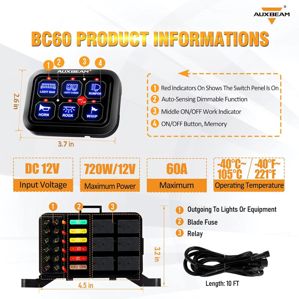 Auxbeam 6 Gang Switch Panel BC60, Universal Circuit Control Relay System Box with Automatic Dimmable On-Off LED Switch Pod Touch Switch Box for Car Pickup Truck UTV ATV Boat, 3 Years Warranty, Blue