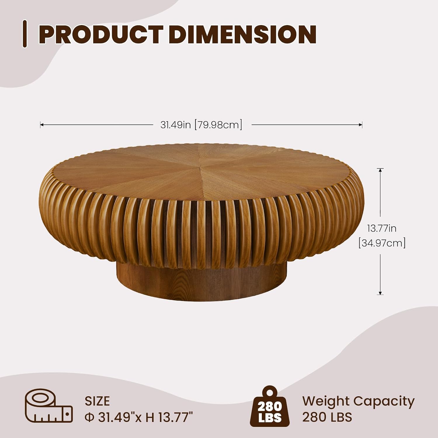 Round Drum Coffee Table for Living Room, Mid Century Modern Coffee Table with Sturdy Pedestal, Farmhouse Fluted Circle Center Table Accent Tea Table for Apartment (31.5' Brown)