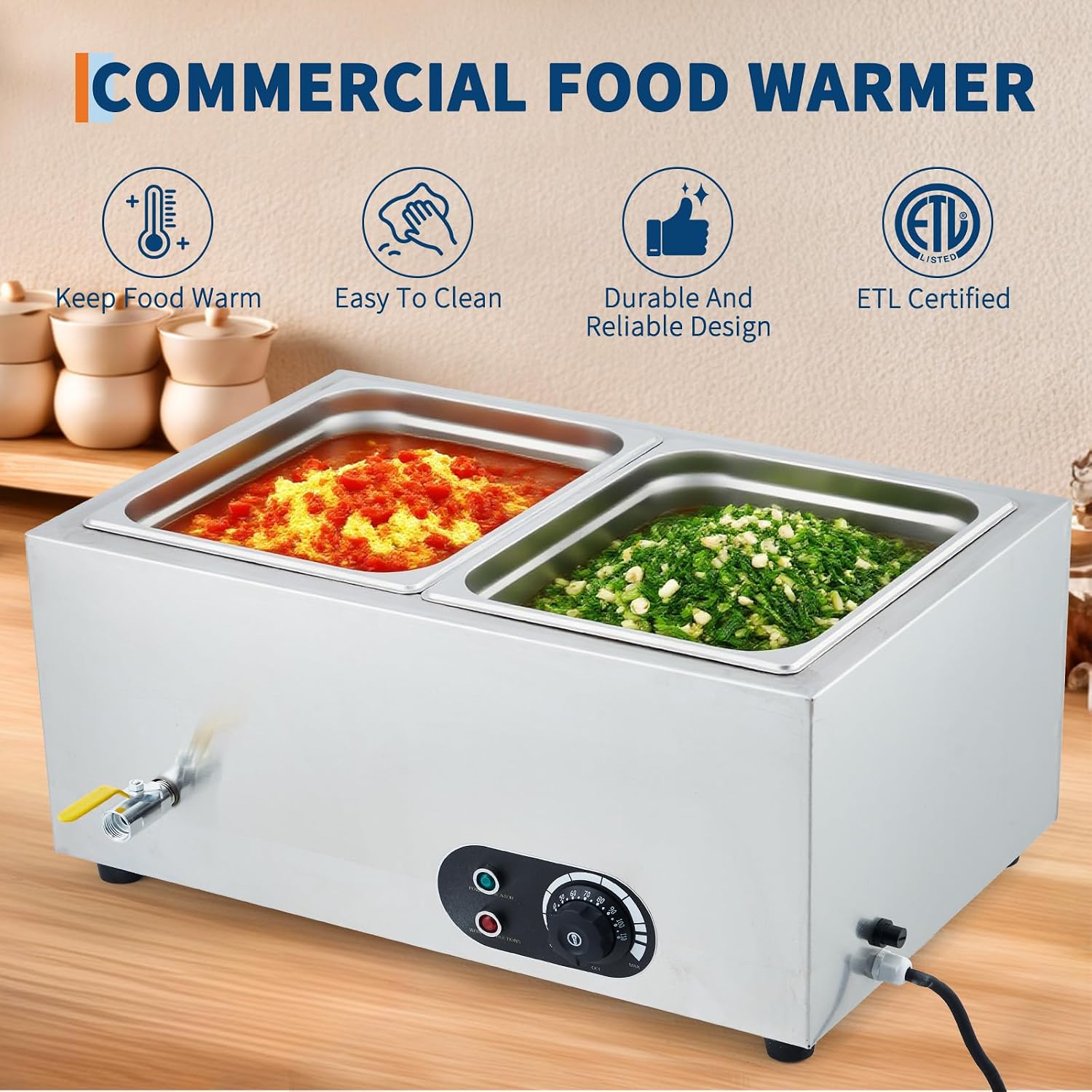 Commercial Food Warmer Stainless Steel 1500W Electric Buffet Server Bain Marie, 2-Pan Catering Hot Food Station for Restaurants, Hotels, Banquets