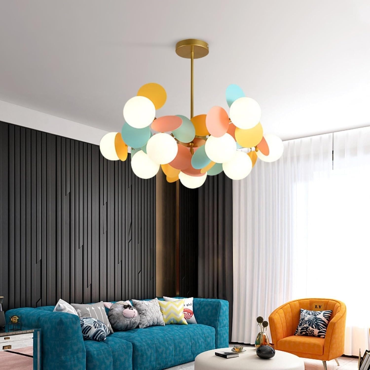 Pendant Lights 8-Lights Chandelier with White Globe Glass Shade Gold Chandelier Adjustable Height Metal Fixture for Living Room(9 Lights)