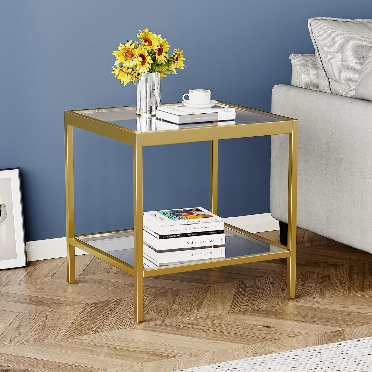 2 Tier Square End Table Side Table with Tempered Glass Top and Gold Metal Frame Modern Night Stand for Small Spaces Side Table with Storage for Living Room Bedroom
