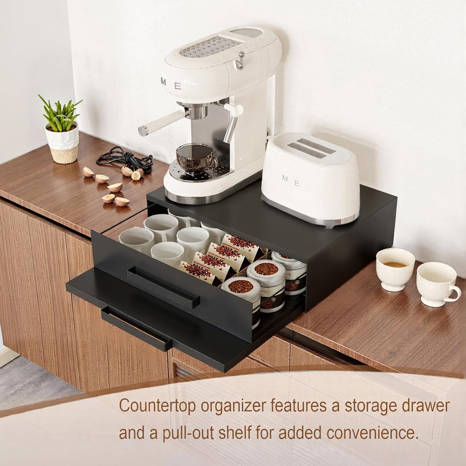 Steel Microwave Stand with Pull-Out Drawers and Shelves, Black | for Coffee Station & Appliance Storage | Heavy-Duty 100lbs Capacity | Space-Saving Design
