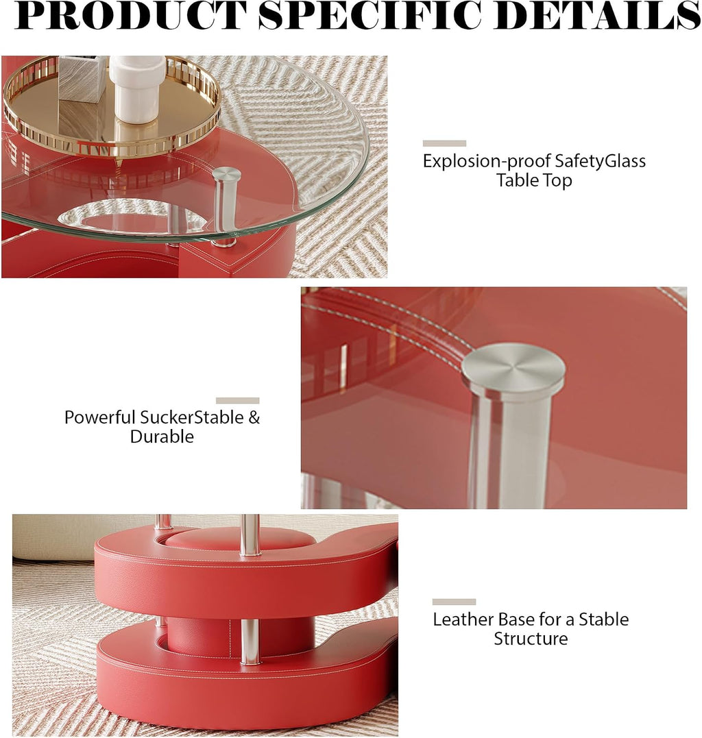 Oval Glass Coffee Table Set of 3, 0.39' Tempered Glass Top and S Shape Base, Modern Coffee Table with 2 Leather Stools, Accent Coffee Table for Living Room Bedroom, Red