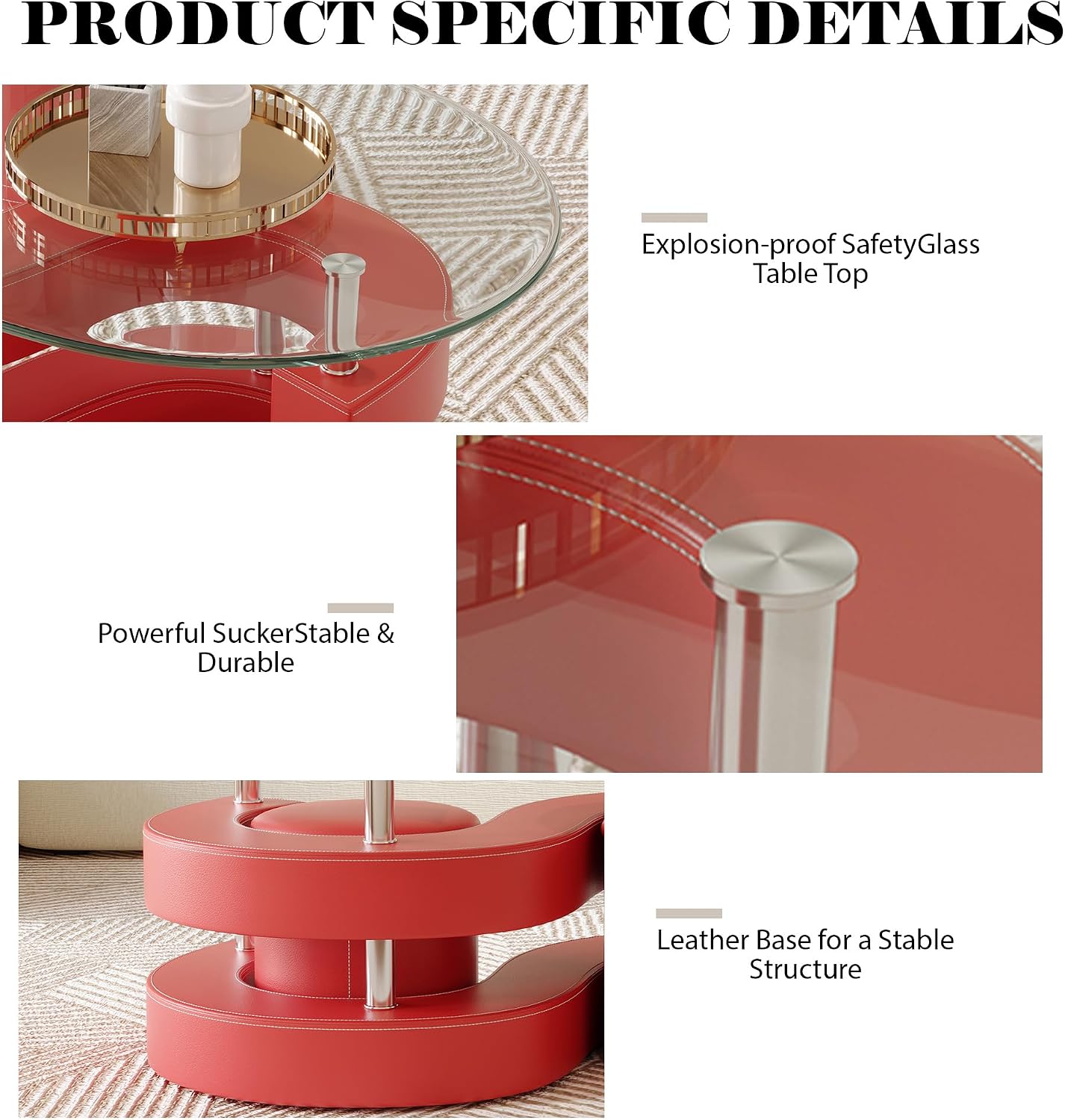 Oval Glass Coffee Table Set of 3, 0.39' Tempered Glass Top and S Shape Base, Modern Coffee Table with 2 Leather Stools, Accent Coffee Table for Living Room Bedroom, Red