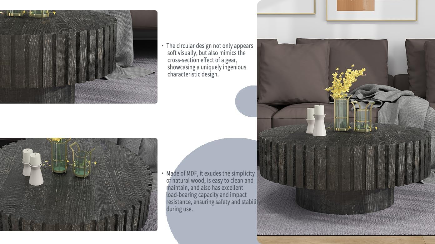 Round Wood Coffee Table for Living Room Modern Rustic Fluted Solid Wood Coffee Table Pedestal Center Table Circle Tea Tables for Apartment Easy Assembly(31.5''Antique Black)