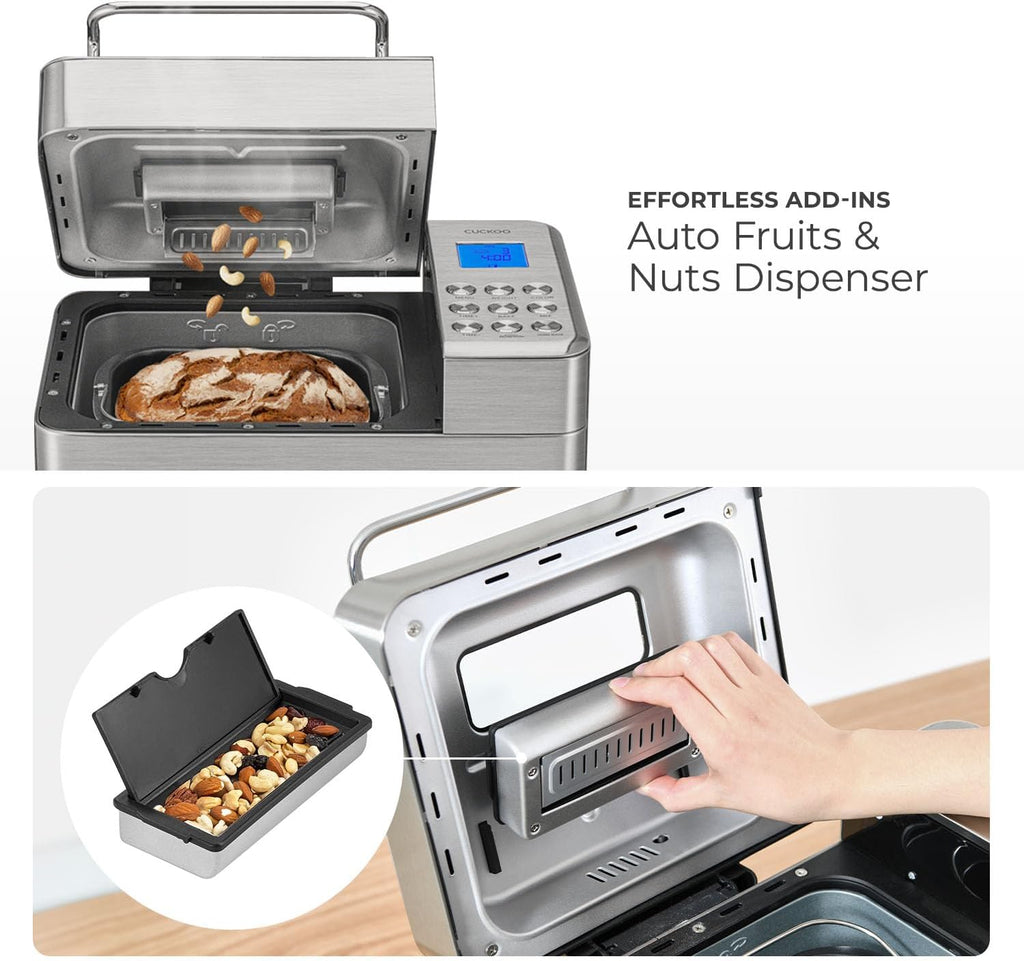 CUCKOO Bread Maker Machine with 15 Menu Options + 3 Crust Colors, 2 lbs Bread Machine with Automatic Fruit & Nut Dispenser, Includes 6 Accessories, Ideal Breadmaker for Sourdough (CBM-AAB101S)