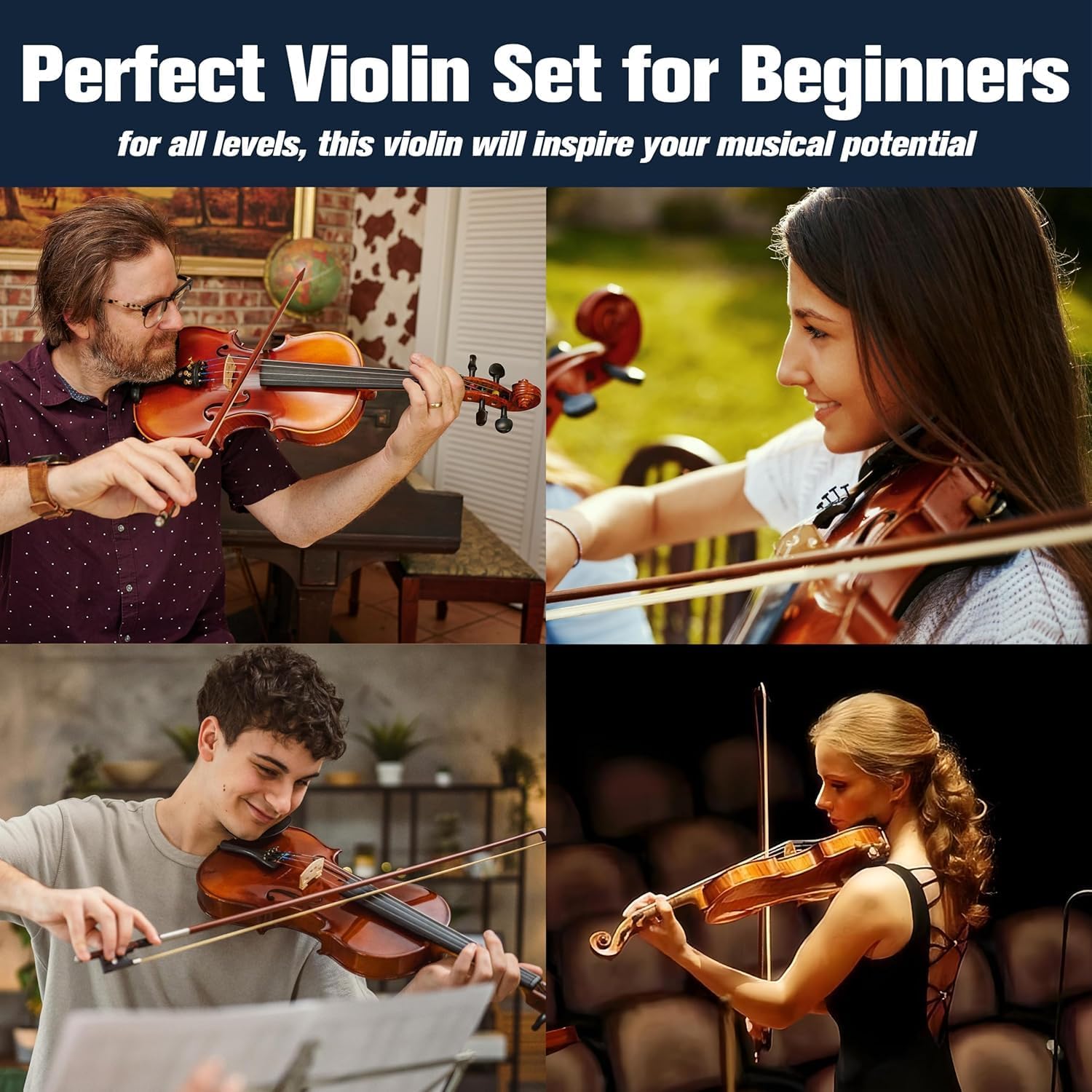 Mendini By Cecilio 3/4 Violin Set For Beginners - Fiddle Solidwood Kit with Hard Case - Acoustic Violin with Bow, Rosin, Tuner, Extra Strings & Bridge, Shoulder Rest and Lesson Book (Satin Antique)