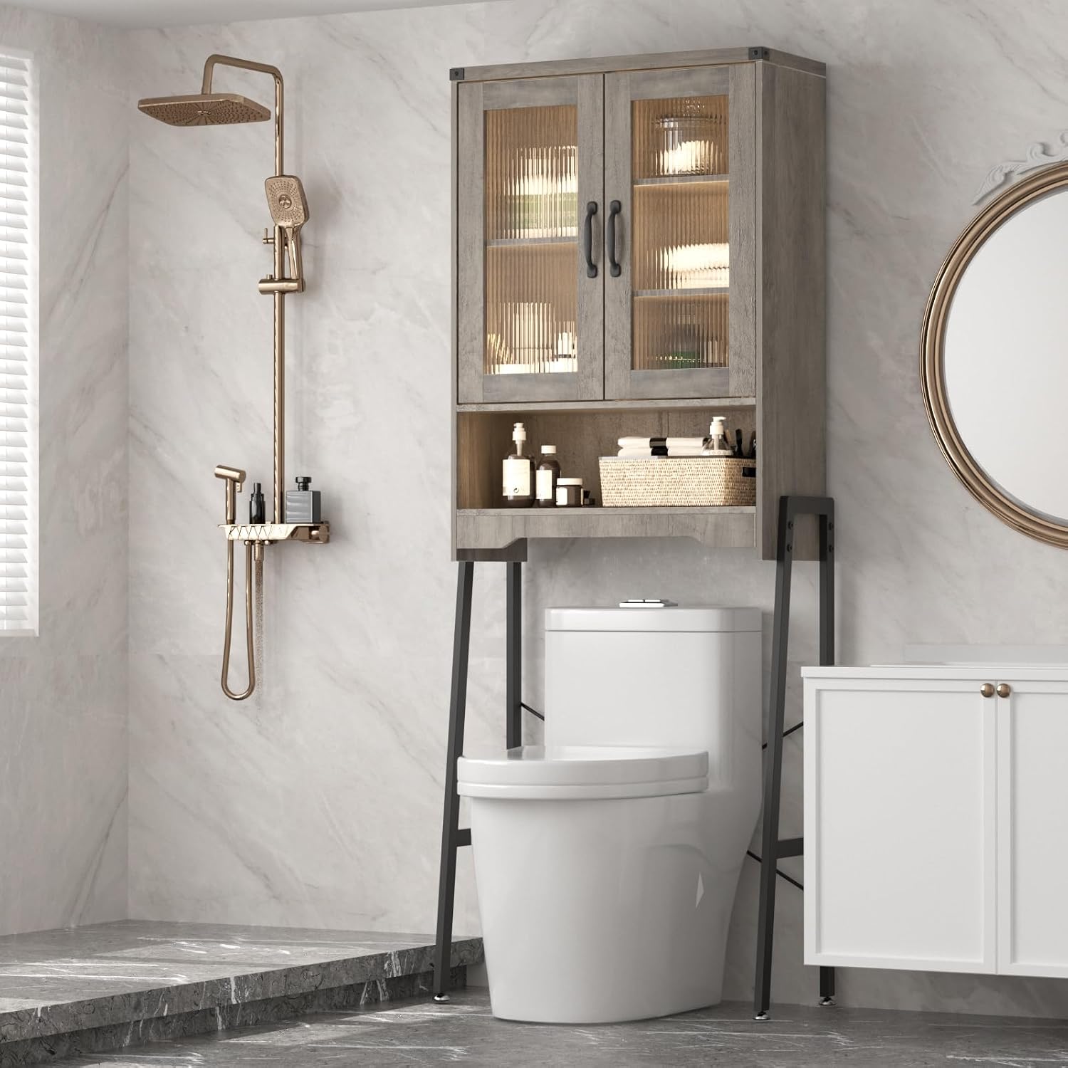 Over The Toilet Storage Cabinet with Tempered Glass Doors and Adjustable Shelf, Bathroom Organizer with Metal Stand Space Saver Over Toilet , Modern Toilet Rack for Bathroom, Restroom, Laundry, Grey