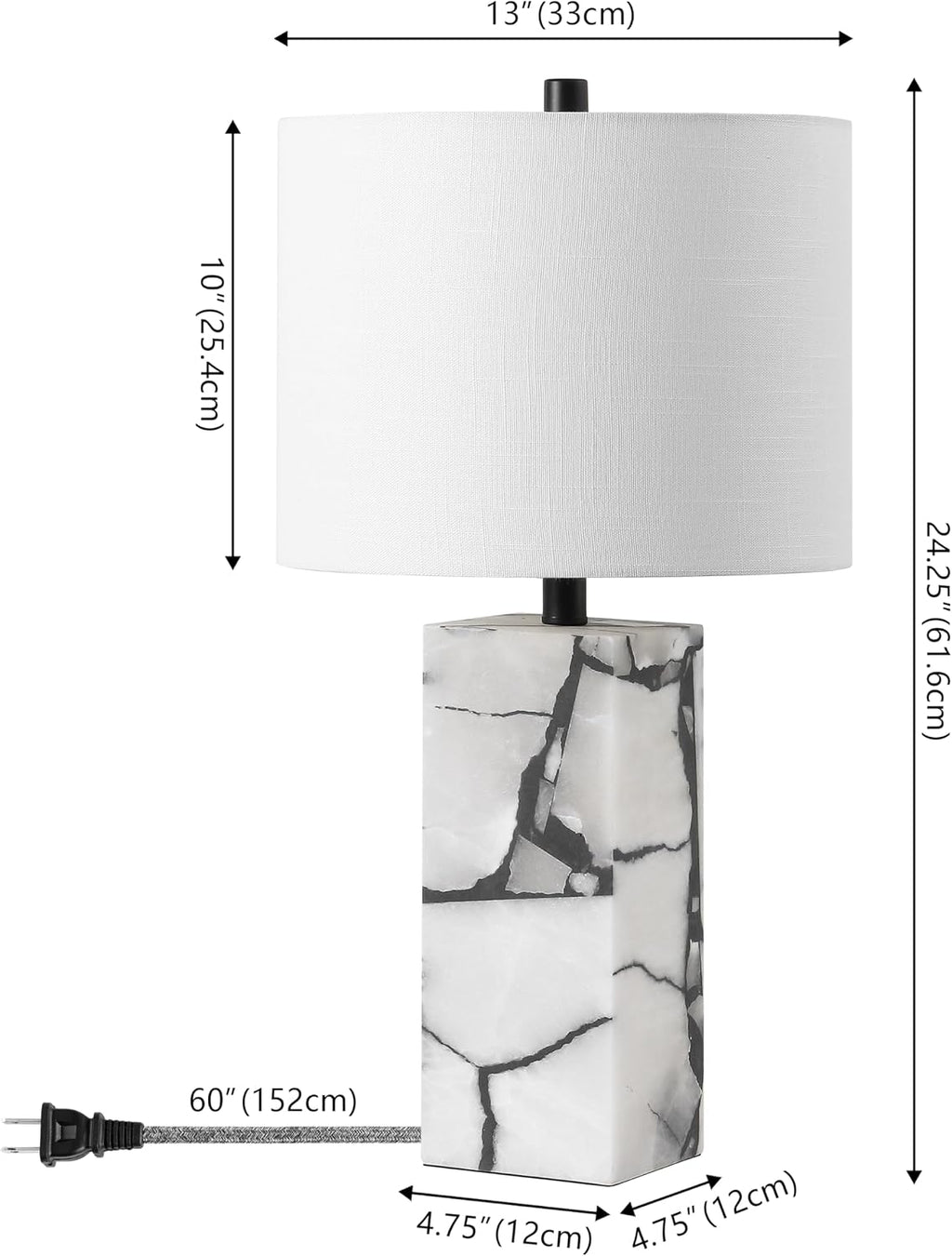 JONATHAN Y 24.25' Black/White Modern Alabaster LED Table Lamp for Home Decor, White Linen Shade, Coastal Nightstand Lamp with Built-in Base Accent Light (JYL8507A)