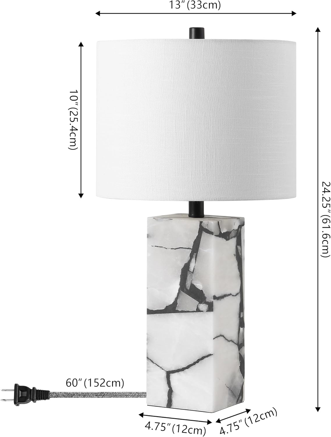 JONATHAN Y 24.25' Black/White Modern Alabaster LED Table Lamp for Home Decor, White Linen Shade, Coastal Nightstand Lamp with Built-in Base Accent Light (JYL8507A)