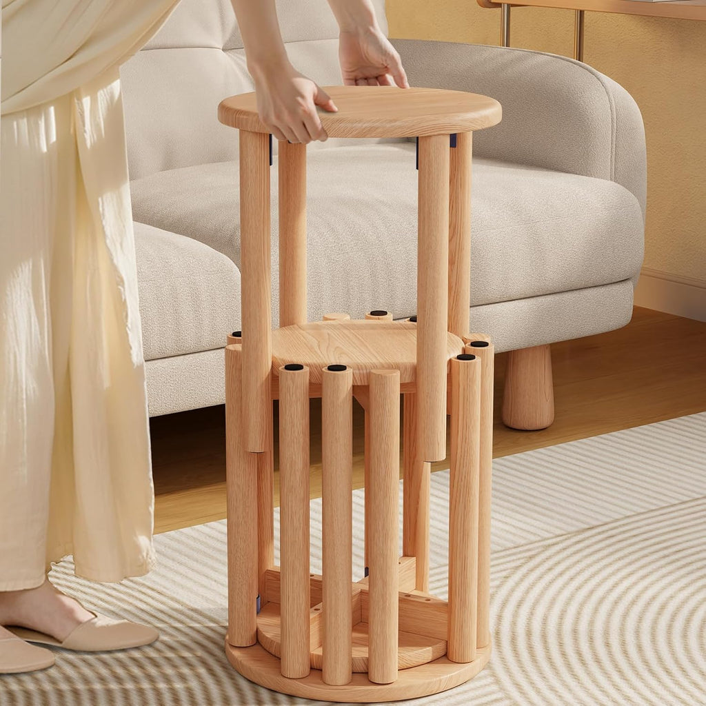 Stackable Stools Set of 4, 100% Solid Wood Stool No Installation Required, Side Table Multifunctional Space Saving 18 Inch Round Stool Modular Interlocking Coffe Table for Living Room