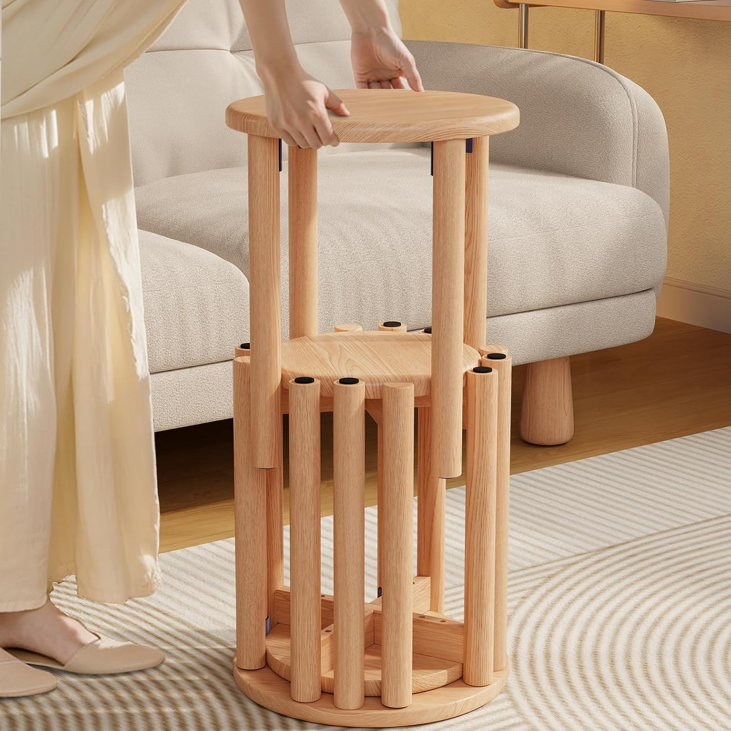 Stackable Stools Set of 4, 100% Solid Wood Stool No Installation Required, Side Table Multifunctional Space Saving 18 Inch Round Stool Modular Interlocking Coffe Table for Living Room