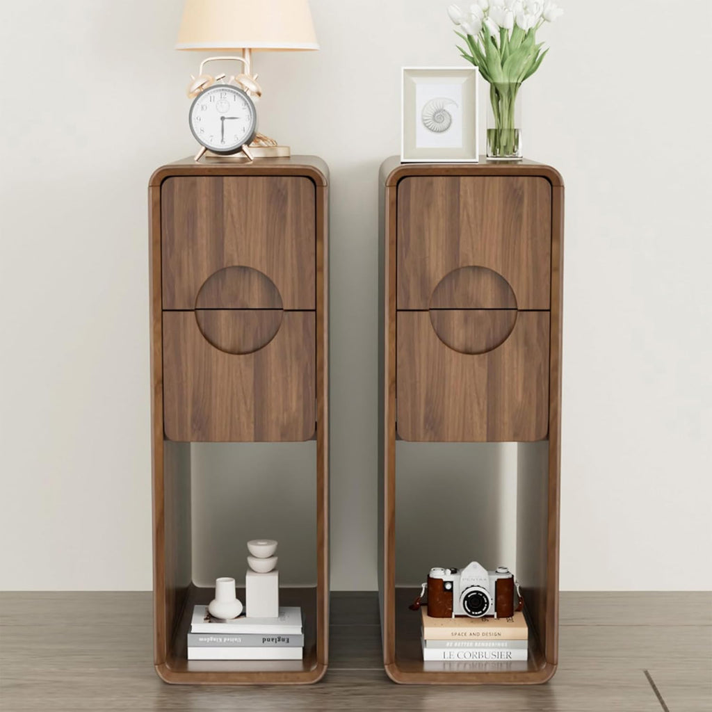 Narrow Walnut Nightstand Set of 2, Small Bedside Table with Circular Drawer, Skinny Side End Table, Wood Nightstand, Mid Century Modern Night Stand for Bedroom, Small Spaces, Slim, Vintage, Boho